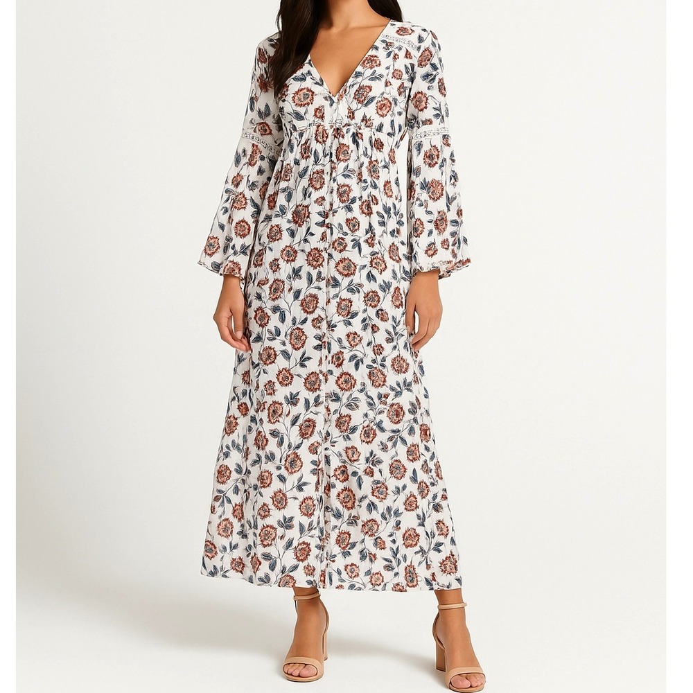 Forever 21 Floral‎ Sheer Cover-Up Dress Bell Sleeve Button Front Boho Large